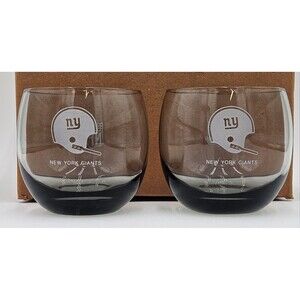 Vintage Set of 2 New York Giants Smoked Etched Tumbler Roly Poly Glass Whiskey
